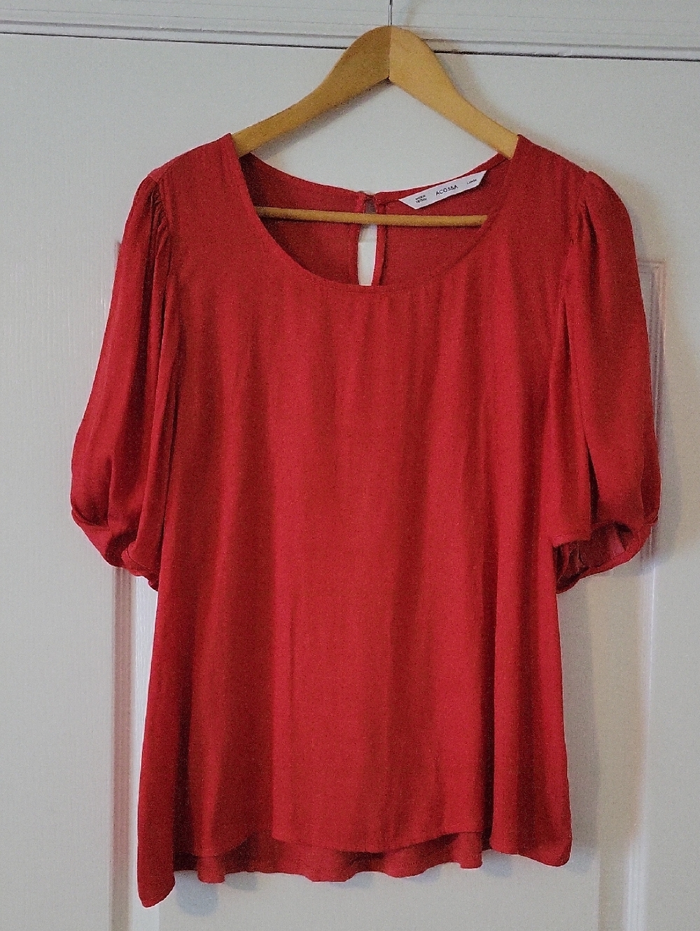 ACOS&A Scoop Neck Short Puff Sleeve Satin Coral Blouse 